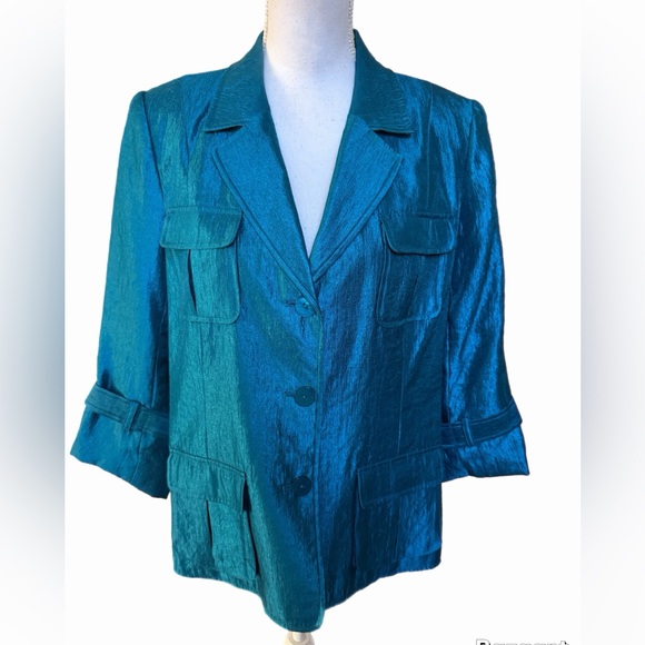Joan Rivers Women’s Green/blue Metallic Lined Blazer Size Medium 3/4 Sleeve - Picture 2 of 7